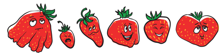 Red Strawberries character With Various Expressions. Vector funny character berries. holiday decoration, poster, greeting card, sticker, social media, bakery, menu design.