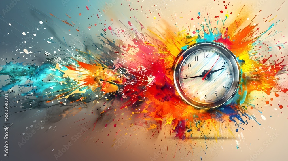 Poster tachometer splattered with vibrant abstract paint symbolizing speed and movement