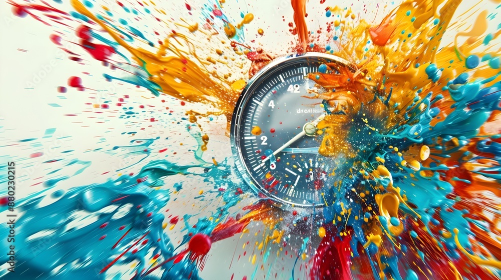 Poster tachometer splattered with vibrant abstract paint symbolizing speed and movement