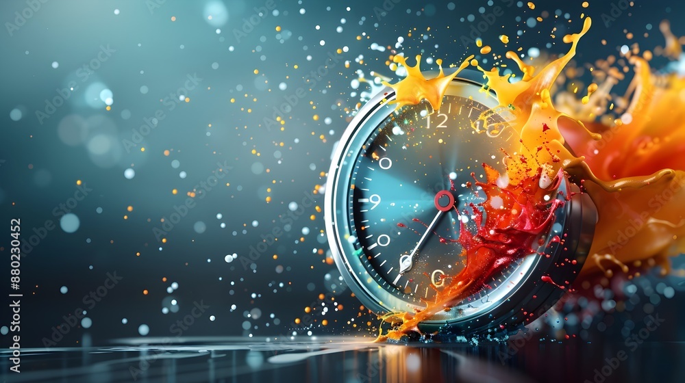 Poster colorful tachometer dial with abstract paint splashes symbolizing speed and energy