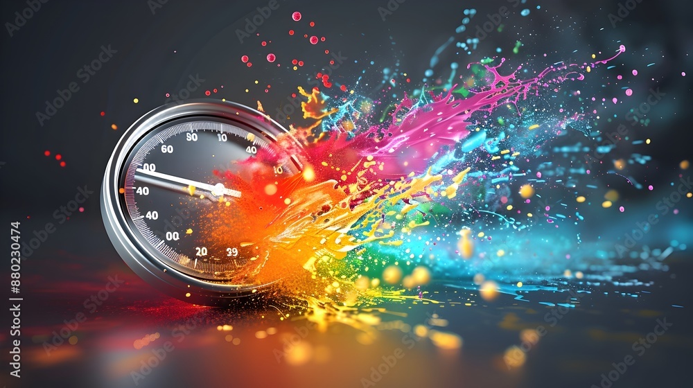 Poster tachometer with abstract paint splashes representing speed and energy