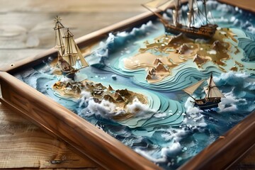 An Antique-Style GPS Device Crafted with Intricate Glue Work Featuring a Map Overlaid with Navigational Routes over Ocean Currents