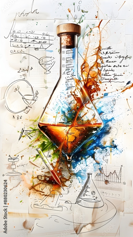 Poster conceptual scientific experiment with hydrometer and crayon sketches in laboratory flask
