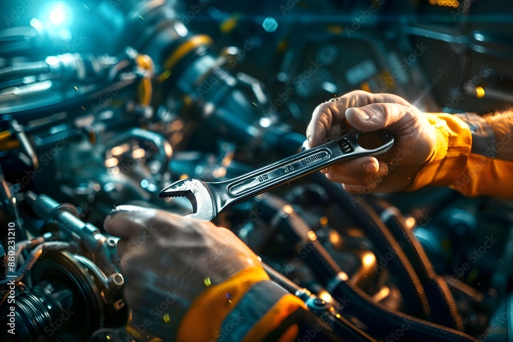 Poster mechanic repairing spaceship engine in zero gravity with tool