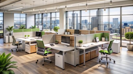 Modern sleek corporate office featuring modular furniture, flexible workstations, and mobile storage solutions for efficient adaptability.