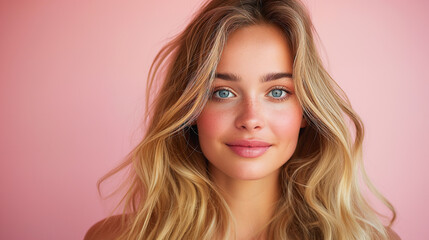 Fototapeta premium A young woman with long, flowing blonde hair and bright blue eyes smiles softly against a light pink background