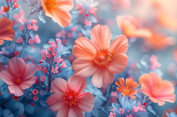 Seamless Floral Pattern with Pink, Blue, and Orange Background in Watercolor Style