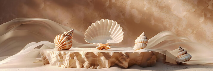 abstract empty podium seashell for cosmetic product presentation beige object placement background 3d rendering