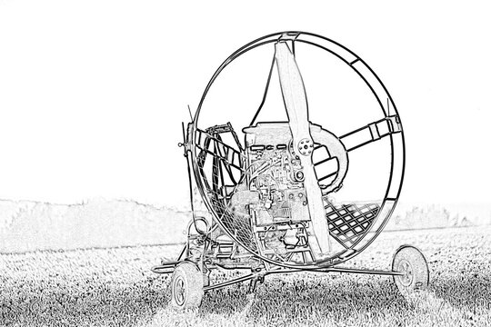 Paragliding machine for paragliding flights on green grass against the bright sun. Preparing paralet with a gasoline engine for flights. Extreme sports
