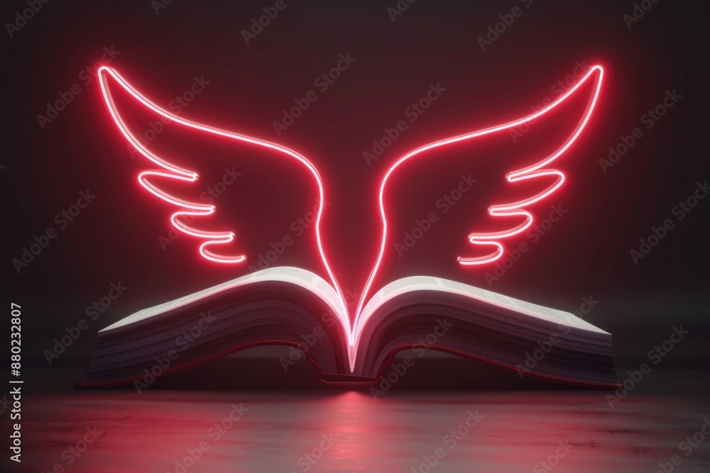 Poster An open book with glowing wings on top of it, suitable for use as a decorative element or symbolizing knowledge and wisdom