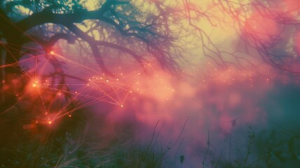 Hightech abstract background with neon purple lines forming interconnected geometric shapes in a 3D rendering, symbolizing digital innovation