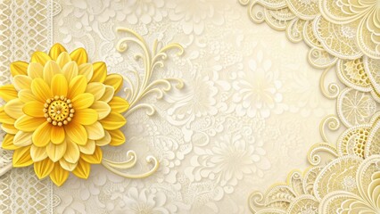 Vibrant yellow flower embellishes elegant wedding invitation template featuring intricately designed lace and subtle neutral background on classic white paper.