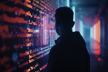A person silhouetted against a glowing digital display of data and code.