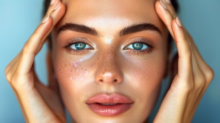 Fototapeta premium Beautiful young model taking care of the skin around her eyes Facial massage and eye treatment Young woman with perfect skin touching her face Spa and Wellness Skincare Concept