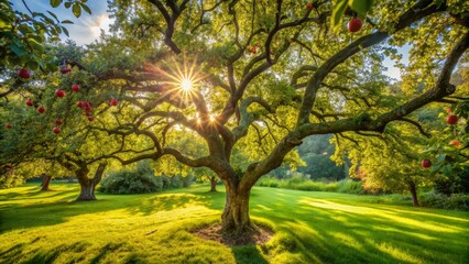 Serene, sun-dappled English garden scene with ancient apple tree's gnarled branches stretching above lush green grass, warm natural light filtering through.
