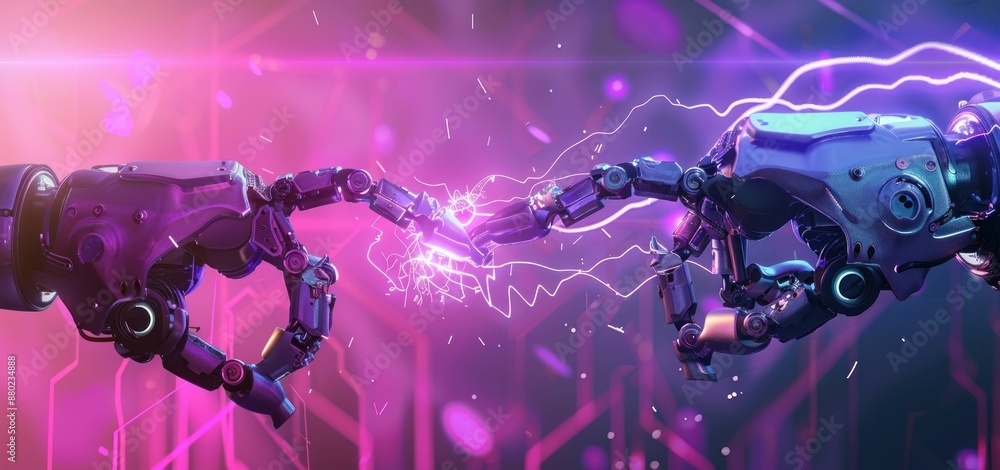 Aufkleber robotic love connection two robots holding hands with lightning bolt on colorful background