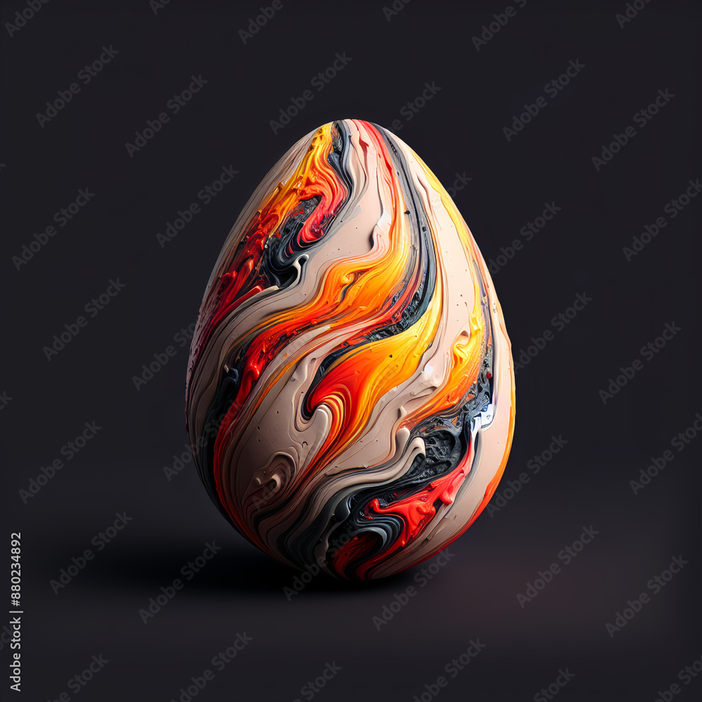 Poster 3d rendering of an easter egg with a colorful, abstract paint swirl pattern