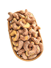 A plate of nutritious breakfast nuts cashews on a white background