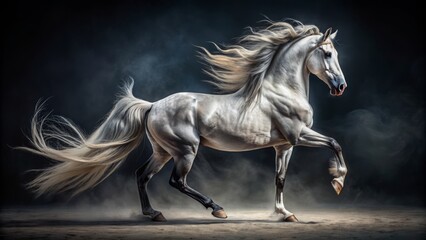 Majestic gray thoroughbred stallion with flowing mane and tail stands proudly on hind legs against a dark background.