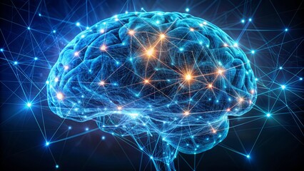 Futuristic three-dimensional neural network brain hologram with glowing blue circuitry and wireframe structure suspended in dark isolated background atmosphere.