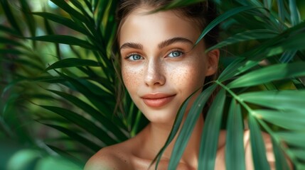 Naklejka premium Beautiful young woman with perfectly smooth skin in tropical leaves. There are natural cosmetics and skin care products.