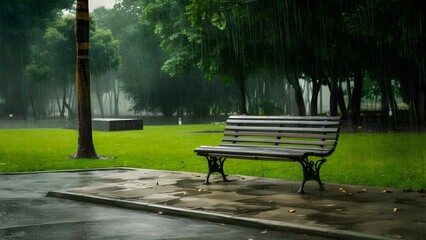 An empty bench in a park and a heavy rain during a monsoon season