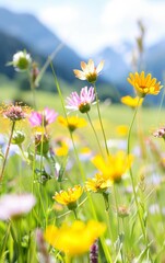 Captivating Blossoms Dancing in the Breeze Serene Mountain Valley Floral Photography Vibrant Summer Landscape Close-up Perspective Nature's Beauty Unveiled