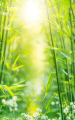 Crisp photo of a peaceful bamboo grove with flowering plants, symbolizing simplicity and peace, Peace, Bamboo grove