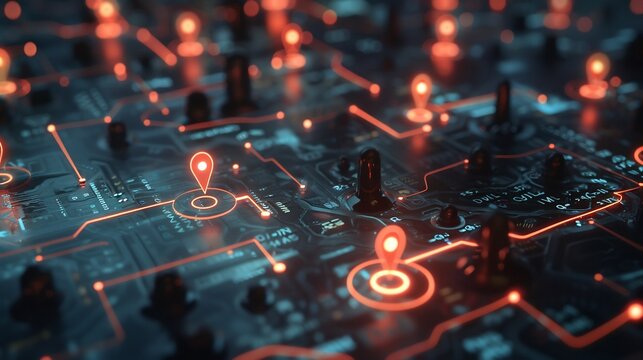 Digital map showing location with two sets of pins, representing GPS technology