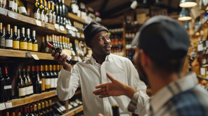 Fototapeta premium A professional African male wine shop worker is explaining and recommending wine to customers at a liquor store. Sommelier tasting wine in winery Winemaking industry or breweries and winemakers