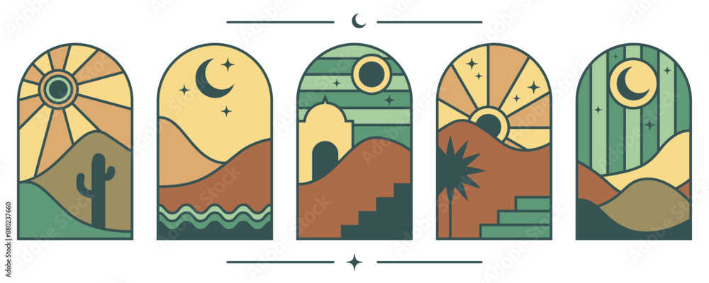 Poster boho logo with desert mountains and cactus. bohemian vector minimal illustration. abstract windows w
