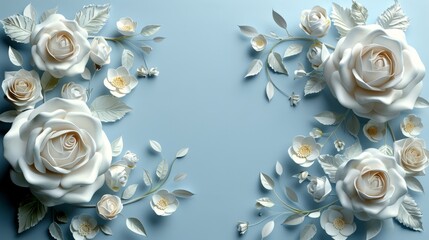 Fototapeta premium Detailed high-resolution 3D blue frame featuring intricate white roses and vines. Elegant floral border.