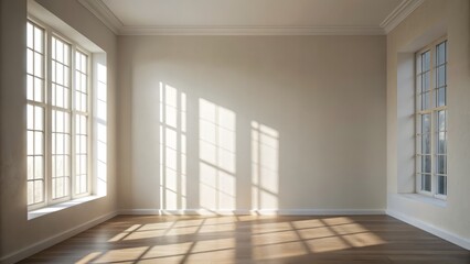 Obraz premium Soft, warm, and diffused window light casting a subtle shadow on a blank, pristine white wall with a transparent overlay effect.