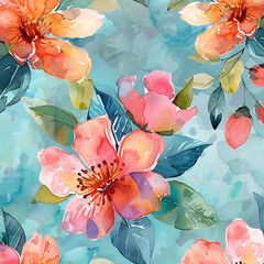 Pretty painted flowersseamless pattern turqoise background watercolor
