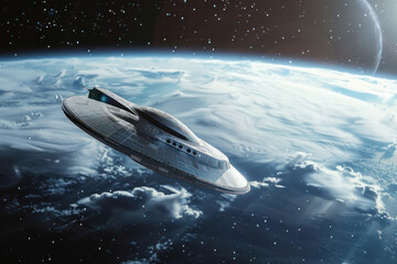 An alien spaceship in orbit around Earth