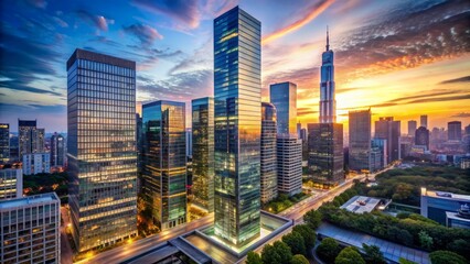 Obraz premium Sleek, glass-walled skyscraper rises above surrounding cityscape, showcasing cutting-edge architecture and contemporary urban landscape at dusk.