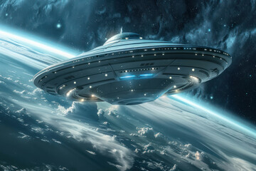 Obraz premium An alien spaceship in orbit around Earth