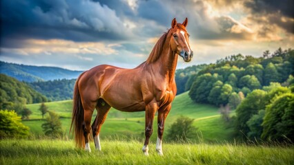 Majestic chestnut brown horse with a gleaming coat and alert expression standing alone in a lush green meadow landscape.