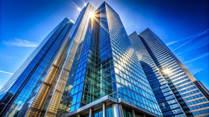 Modern majestic blue glass skyscraper with sleek geometric architecture and gleaming metallic accents against a clear blue morning sky backdrop.