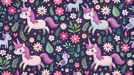 Whimsical seamless dark background pattern featuring cute cartoon lilac ponies, flowers, and pink unicorns for nursery design and fabric.