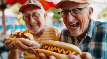 A happy elderly gay couple eats delicious hot dogs with ketchup and mustard in a summer cafe. Two old gray-haired men with glasses are holding hot dogs and smiling.
