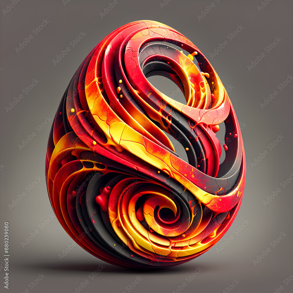 Fototapete 3d rendering of a red and yellow twisted lava egg with a shiny surface and gray background