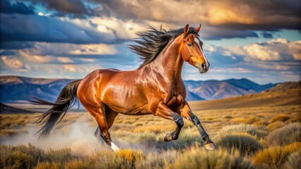 Majestic wild horse with flared nostrils and muscles rippling beneath its shiny coat runs freely in open vast western landscape.