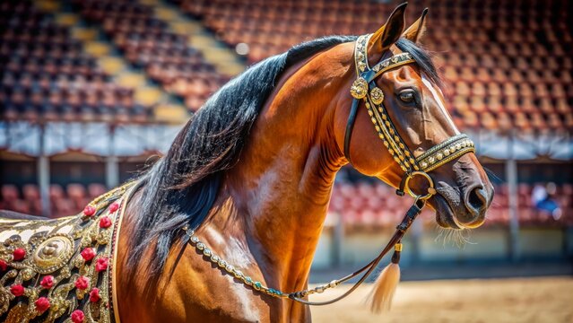 A majestic horse stands proudly in a well-groomed arena wearing a intricately designed surcingle and ornate halter.