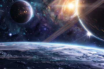 Space explorers discovering a new star system