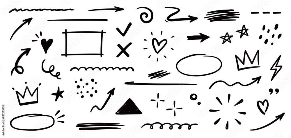 Poster line shape marker underline, arrow, heart brush element set. hand drawn sketch marker underline shap