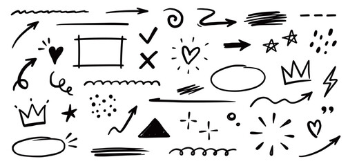 Line shape marker underline, arrow, heart brush element set. Hand drawn sketch marker underline shape, arrow, heart scribble brush pen stroke element. Crown, love graphic icon. Vector illustration