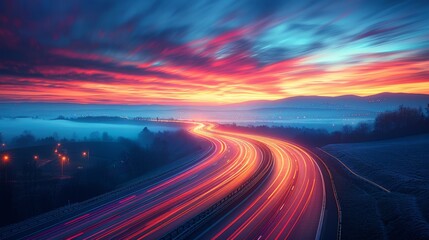 Fototapeta premium Sunset Highway with Light Trails - Generative AI