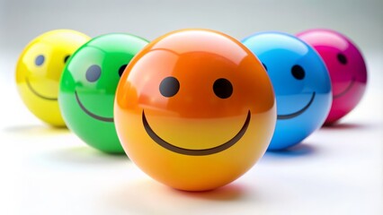 Brightly colored smiling face emoticon isolated on white background beside neutral and frowning faces on a circular gradient sphere.