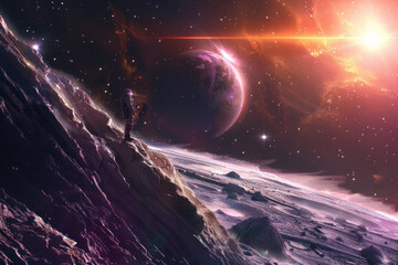 Space explorers discovering a new star system